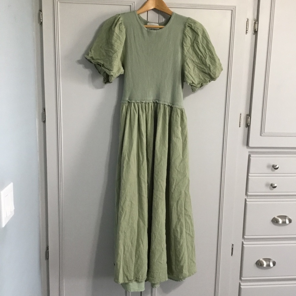 Sage Green Flutter Sleeve Ribbed Bodice IN FEBRUARY Romantic Midi Dress Boho M